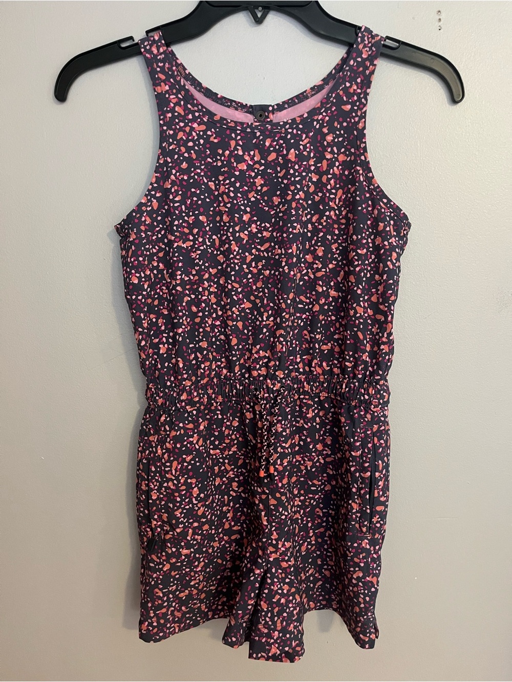 Athleta Navy Romper with Pink Floral Confetti Print‎